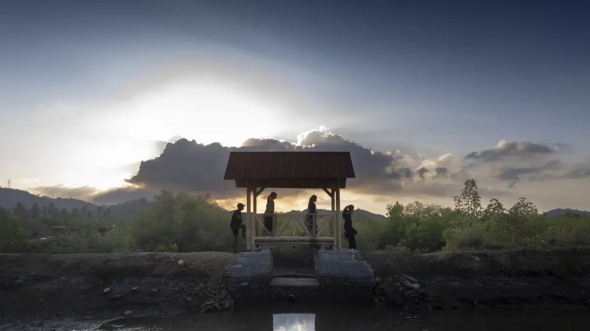 Generasi Kuat: Anak-anak melintas di gazebo kayu kawasan konservasi mangrove berlatar siluet matahari terbenam. Tempat ini tak hanya berfungsi sebagai titik pemantauan dan wisata edukasi, tetapi juga menjadi ruang interaksi warga dalam menjaga ekosistem pesisir mereka.