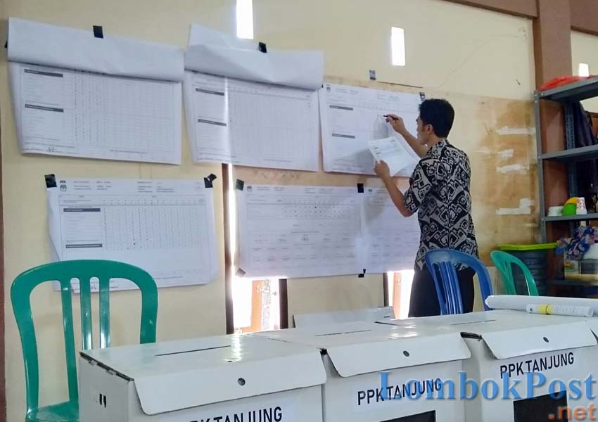 DALAM PROSES: Anggota PPK Kecamatan Tanjung tengah melakukan proses rekapitulasi suara, kemarin (23/4)