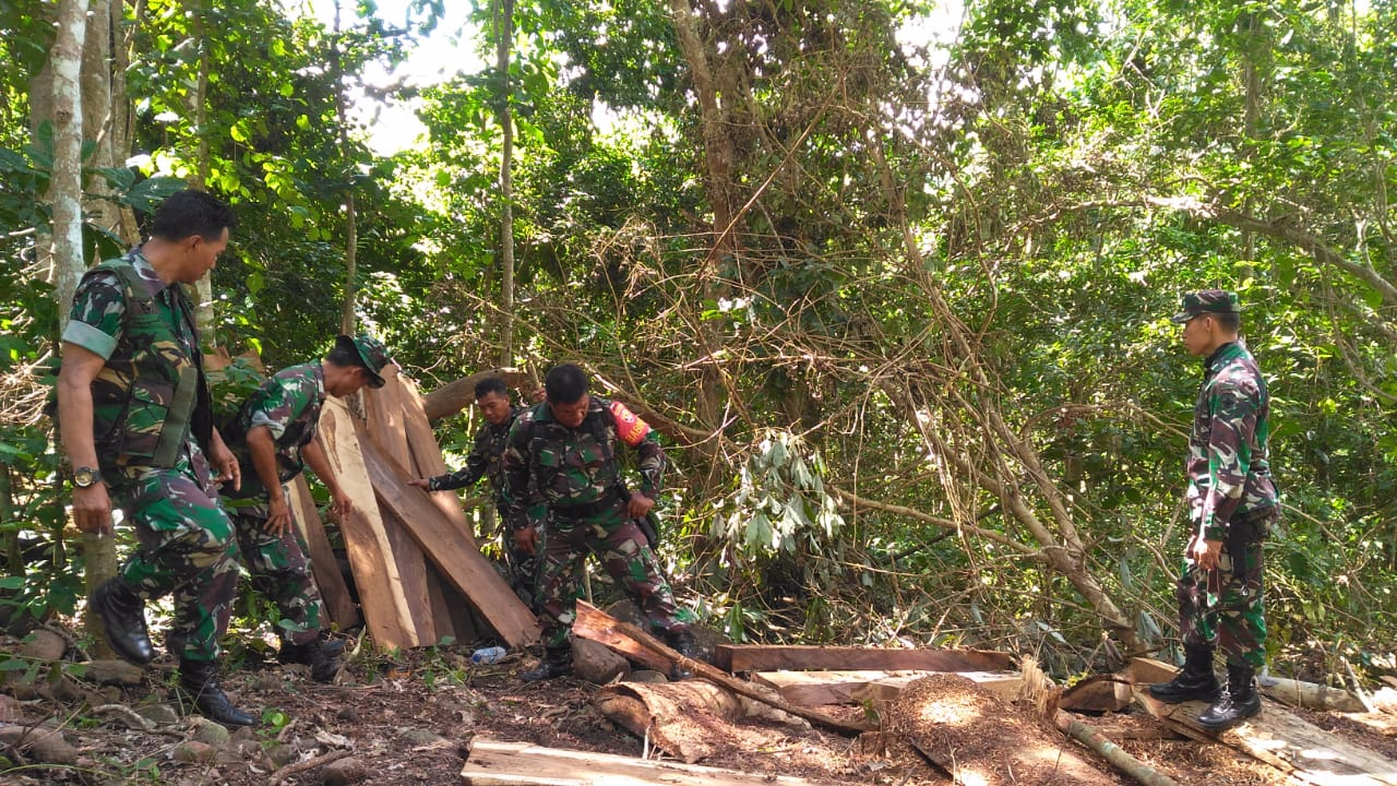 KAYU ILEGAL: Anggota Koramil Donggo, Bima menemukan kayu-kayu yang diduga hasil penebangan ilegal di hutan, beberapa waktu lalu.