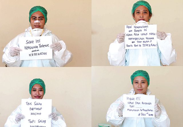 AK KENAL LELAH: Dari kiri atas, Ika Nuraini Puji, Wiji Trisnowati, Ainur Rosyida, dan Ginnar Mayang. Mereka adalah para tenaga medis yang bertugas di ruang isolasi khusus Rumah Sakit Husada Utama. (Alfian Rizal/Jawa Pos)