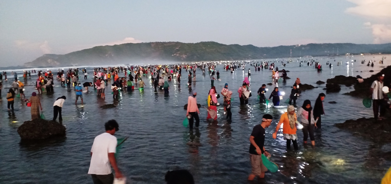 TRADISI TAHUNAN: Warga dari berbagai daerah di Pulau Lombok saat menangkap nyale di Pantai Seger, Desa Kuta, Kecamatan Pujut, Loteng, tahun lalu. (Foto: Dedi/Lombok Post)
