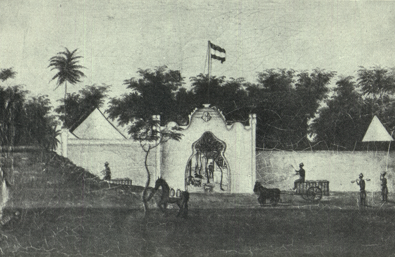 Gerbang Megah : Lukisan mengenai gerbang rumah bercat putih milik Mads Lange di Kuta, Bali sekitar tahun 1845. ((Sumber Foto : Wikipedia)