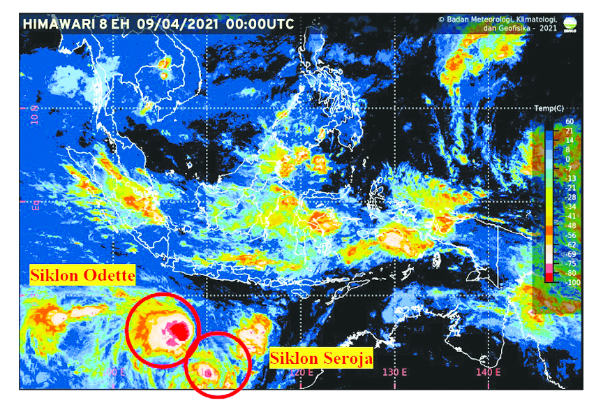Gambar citra satelit terkait perkembangan Siklon Tropis Seroja dan Pertumbuhan Siklon Tropis Odette, Jumat (9/4/2021). (BMKG)