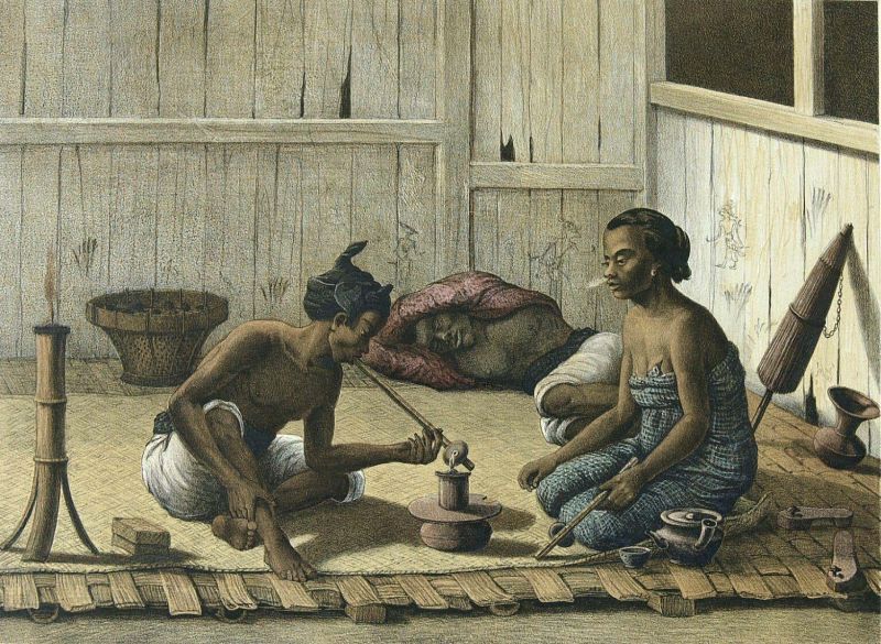 Madat :  Sebuah lukisan karya perupa belanda Auguste Van Pers tentang aktivitas kedai candu di Jawa di awal abad 19.( Sumber : Tropenmuseum via Wikipedia)