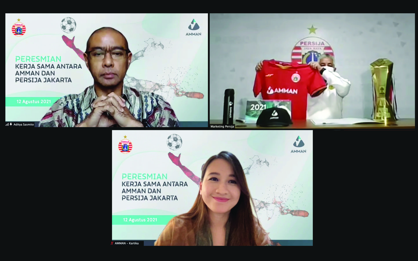 KERJA SAMA: PT AMMAN menandatangani kerja sama dengan klub sepak bola profesional Persija Jakarta secara virtual, kemarin (12/8).
