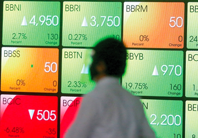 MAKIN POPULER: Pekerja melintasi papan pergerakan saham di Bursa Efek Indonesia. Saat ini 58,39 persen dari total 5,82 juta single investor identification berusia 20 hingga 40 tahun. (Salman Toyibi/Jawa Pos)