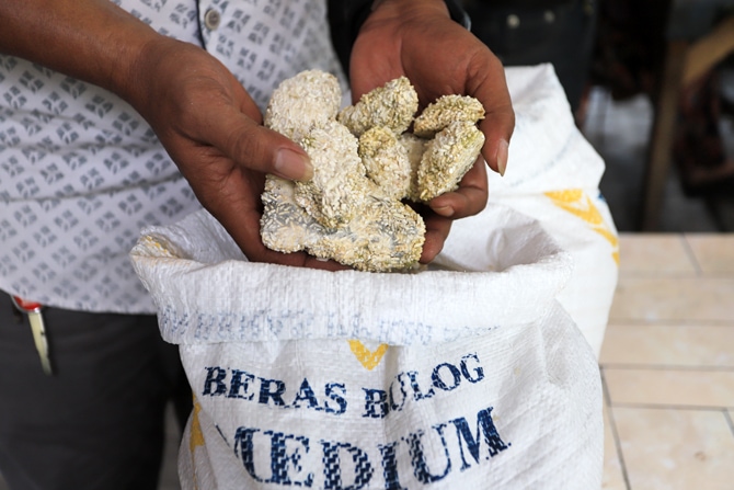 Warga menunjukkan beras Bulog yang sudah tidak layak konsumsi di Rusun Tambora, Jakarta, Senin (9/8). (Dery Ridwansah/JawaPos.com)