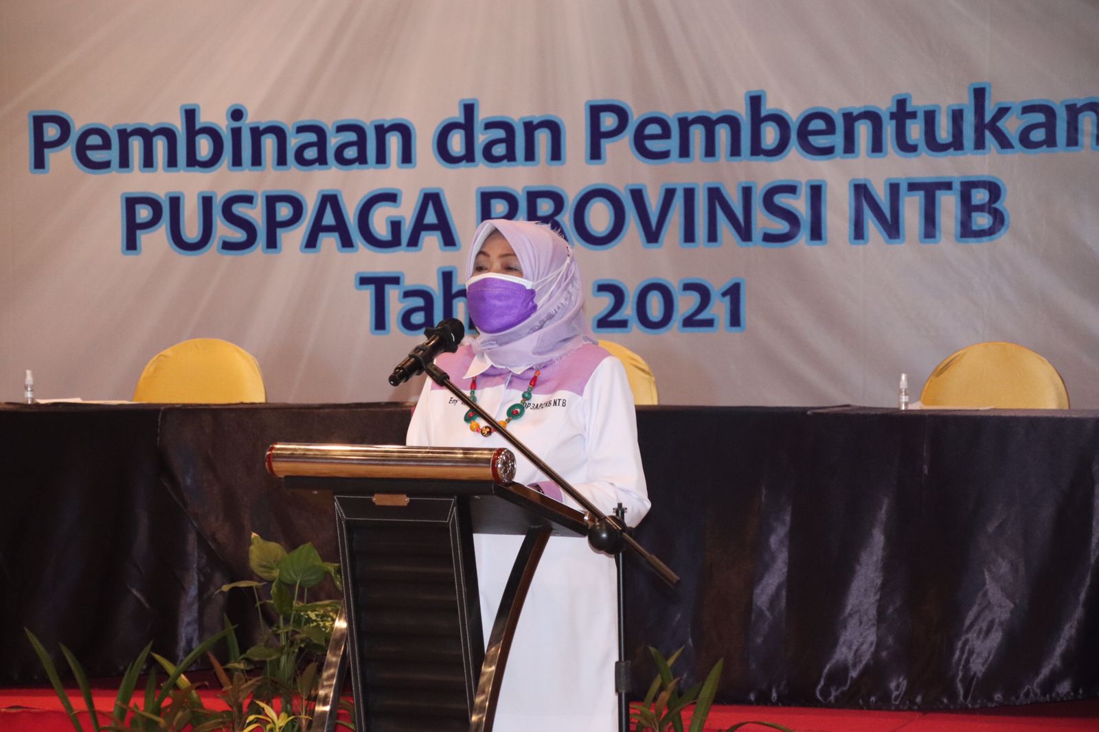 Kepala Dinas Pemberdayaan Perempuan, Perlindungan Anak, Pengendalian Penduduk dan Keluarga Berencana (DP3AP2KB) NTB Hj Husnanidiaty Nurdin saat membuka kegiatan pembinaan dan pembentukan PUSPAGA.