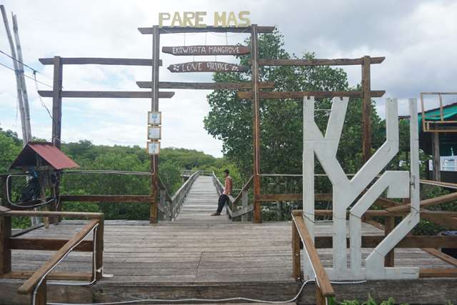 DESTINASI WISATA: Seorang pengunjung terlihat menikmati suasana di pintu gerbang ekowisata mangrove Desa Pare Mas, Kecamatan Jerowaru, belum lama ini. (Fatih/Lombok Post )