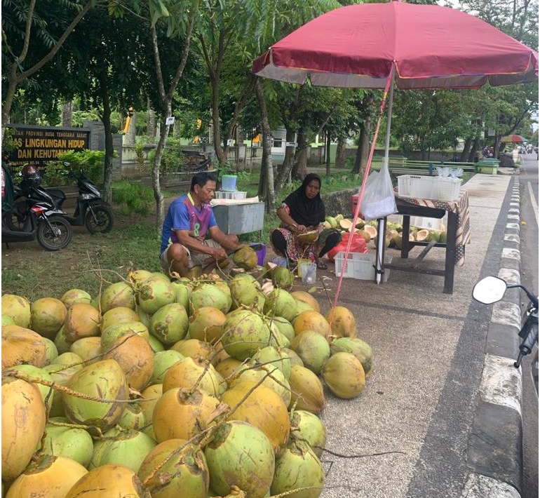 BERKAH RAMADAN: Salah seorang pedagang kelapa muda yang tengah menanti pembeli di Jalan Majapahit, Mataram (5/4).(CHIA/LOMBOK POST)