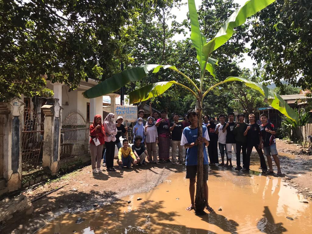 TUNTUT PERBAIKAN JALAN: Mahasiswa dan warga menanam pisang di jalan yang rusak, akhir pekan lalu.(ISTIMEWA/LOMBOK POST)
