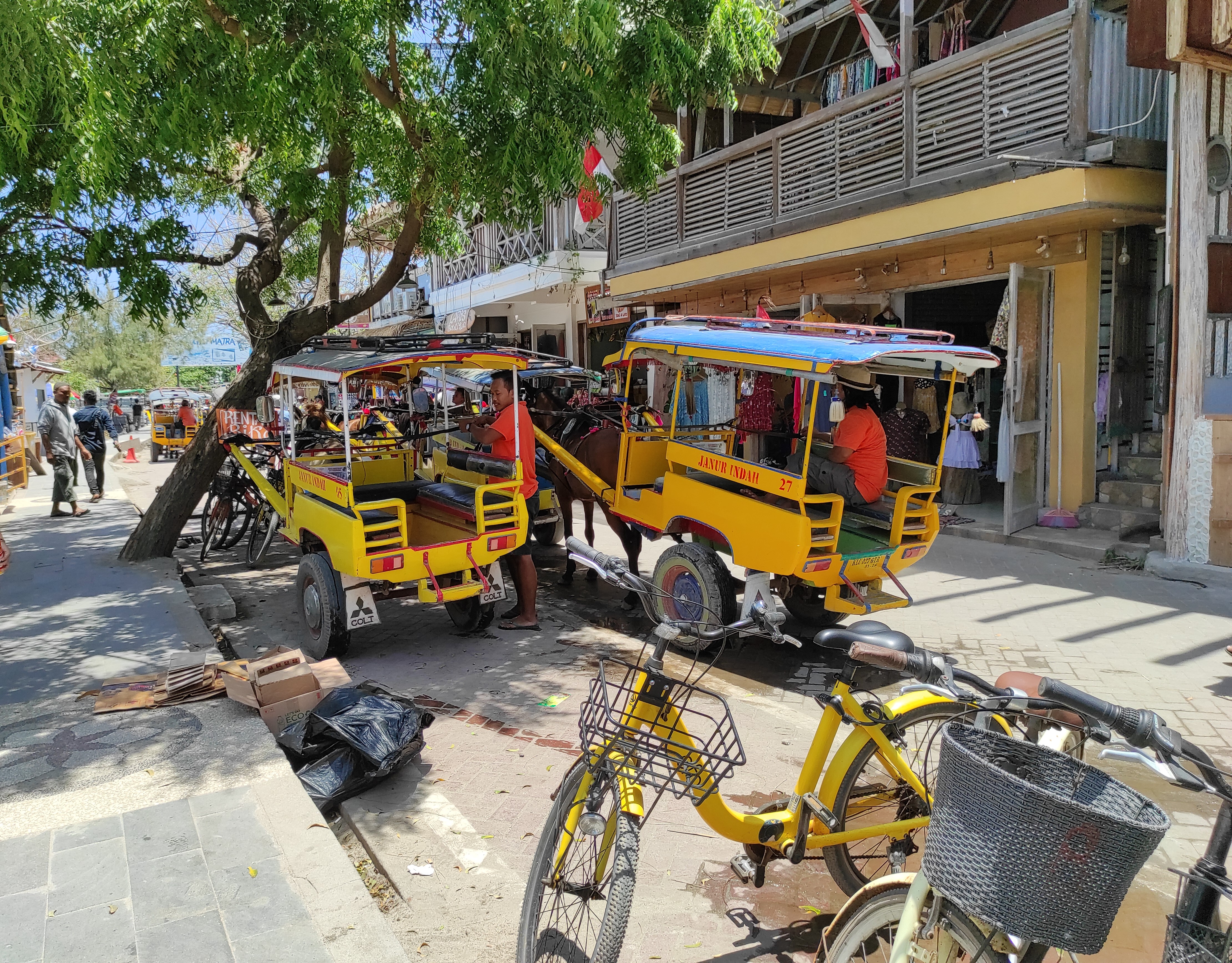 TAK BOLEH SEENAKNYA: Sejumlah cidomo dan sepeda kayuh di Gili Trawangan, beberapa waktu lalu. Dua moda transportasi ini juga akan ditertibkan pemerintah. (Ferial/Lombok Post)