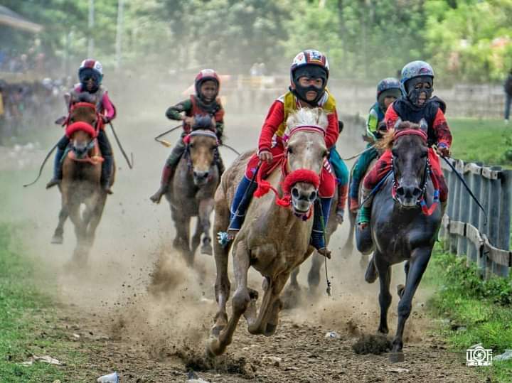 ADU CEPAT: Para joki cilik saat menunggang kuda pacuan pada perlombaan di Arena Pacuan Kuda, Desa Panda, Kabupaten Bima, belum lama ini.(Facebook Pesona Bimaku)