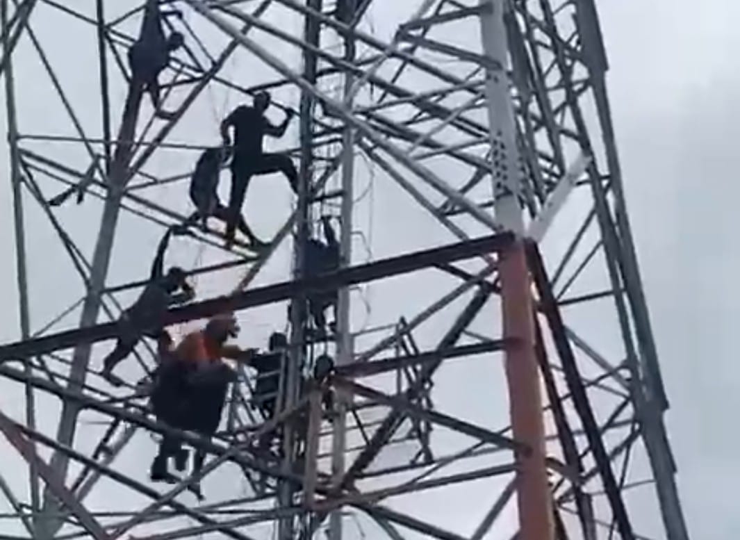 Anggota Basarnas saat berupaya mengevakuasi seorang pemuda yang hendak bunuh diri dari atas Tower di Kampung Dosay, Sentani Barat, Rabu (13/3/2024).