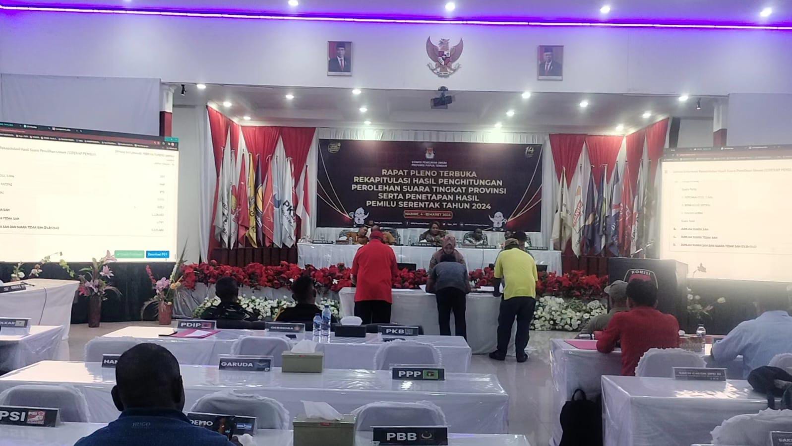 Saat saksi partai Politik PDIP dan Golkar menandatangi berita acara dalam rapat rekapitulasi perhitungan suara tingkat Provinsi di Aula RRI Nabire, Sabtu (16/3) dini hari.