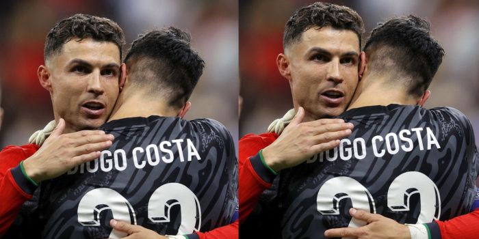 Cristiano Ronaldo memeluk Diogo Costa usai Portugal memastikan langkah ke babak perempat final Euro 2024.
