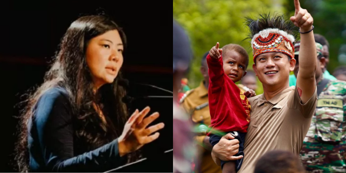 Veronika Koman (kiri) peringatkan Bobon Santoso (kanan) soal pembagian makan gratis di pedalaman Papua. (KOLASE FOTO: Cepos Online)