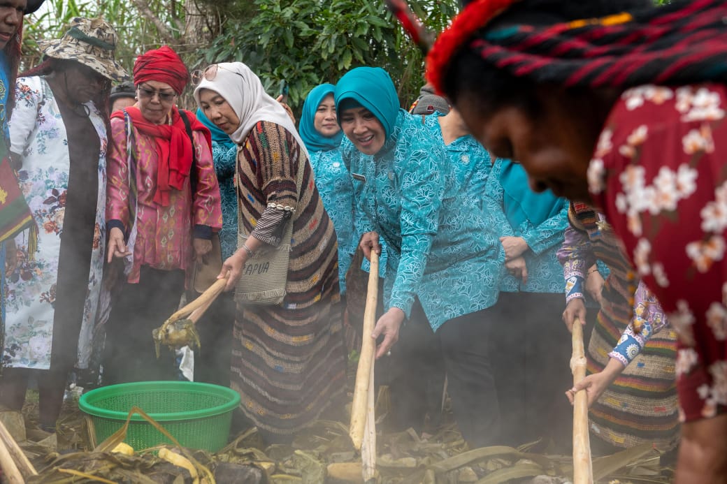 Ketua Dekranas Ny Tri Tito Karnavian dan rombongan bakar batu bersama masyarakat Jayawijaya. Turut didampingi Pj Gubernur Papua Velix Wanggai dan Ketua TP PKK Ny Herwin Wanggai.