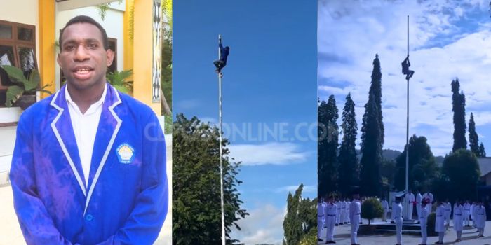 Anton Gobay, anak Papua siswa SMA YPPK Taruna Dharma viral lewat aksinya memanjat tiang bendera saat upacara HUT ke-79 RI, Sabtu (17/8/2024).
