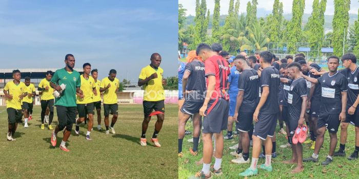 Sesi latihan Persewar (kiri) dan Persipura (kanan) jelang laga keduanya di Stadion Mandala sore ini, Sabtu (26/10/2024).