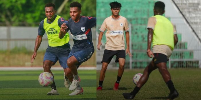 Markus Madjar (kiri) dan Reno Salampessy (kanan) di sesi latihan Persipura.