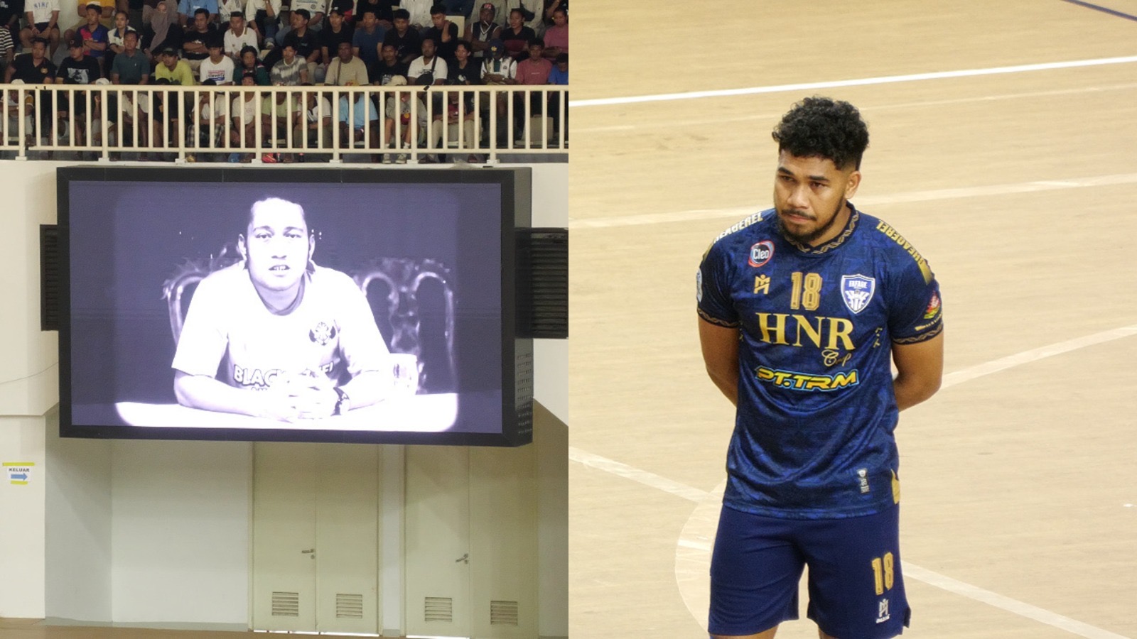 Tangis Evan Soumilena pecah ketika menyaksikan video mendiang Ledryk Amto Latuputti, atau yang akrab disapa Daddy saat laga Fafage vs Blacksteel Papua di Istora Papua Bangkit pada Sabtu (15/2/2025).