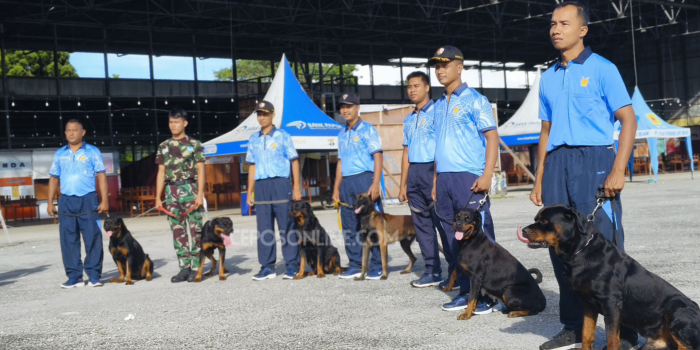 Satuan Brigade Anjing milik POM TNI AU Lanud Manuhua Biak, usai melakukan latihan agility dan pelacakan di Kandang dan tempat latihan para Brigade Anjing di Pom AU Lanud Mnauhua Biak, Jumat (16/5).