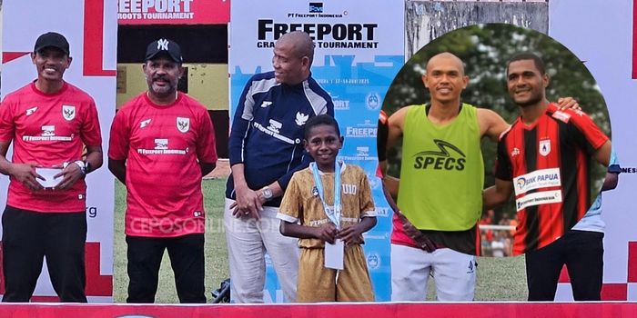 Menerima Top Scorer Award, Julio Monim berfoto bersama Pelatih Persipura, Ricardo Salampessy (kiri), di mana dulu ayahnya, Donny Monim, merupakan rekan Ricardo di Persipura.