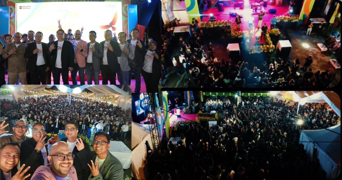 Suasana kemeriahan puncak peringatan HUT ke-79 BNI dalam konser wondrfest Papua dan festival jajanan UMKM lokal, Baku Timba Fest di lapangan Karang PTC Entrop, Sabtu (12/7/2025)