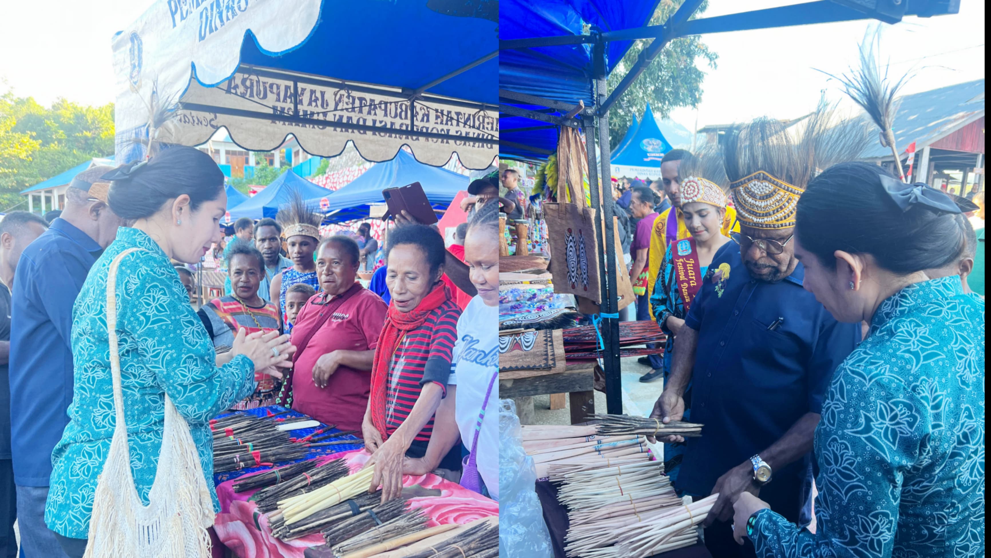 Bupati Jayapura Yunus Wonda bersama istri juga meninjau sejumlah stan pameran dan memborong Hiloy yang dipamerkan pada Penutupan Festival Hiloy, di Kampung Ebungfa&ndash;Putali, Distrik Ebungfauw, Sabtu (13