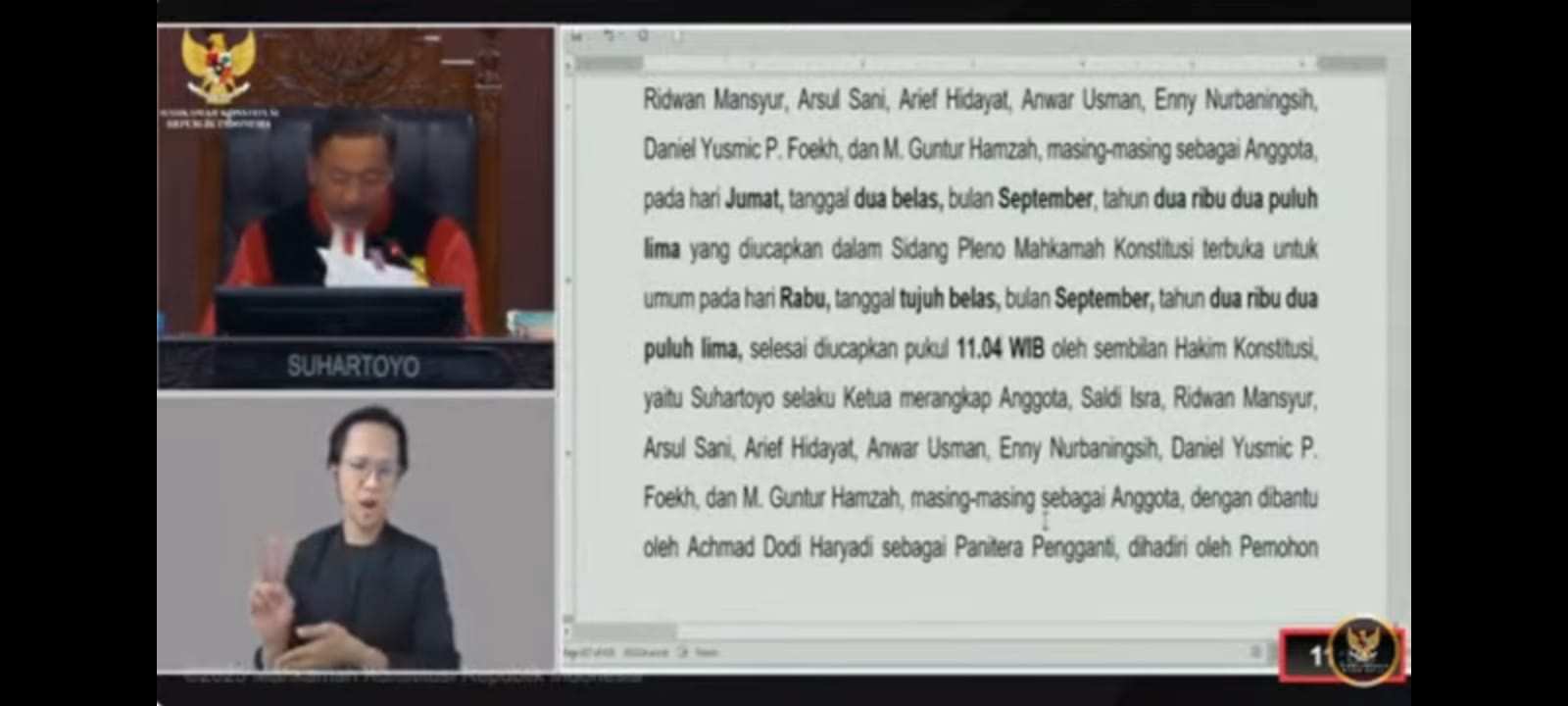 Hakim MK saat membacakan putusan PHPU Pilkada Gubenur Papua, Rabu (17/9) . SS youtubeMK/Ceposonline.com