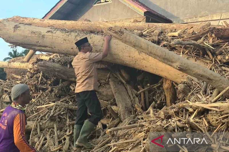 Tumpukan kayu akibat banjir menimbun rumah di Simpang Ulim, Kabupaten Aceh Timur, Minggu (7/12/2025). ANTARA/Hayaturrahmah