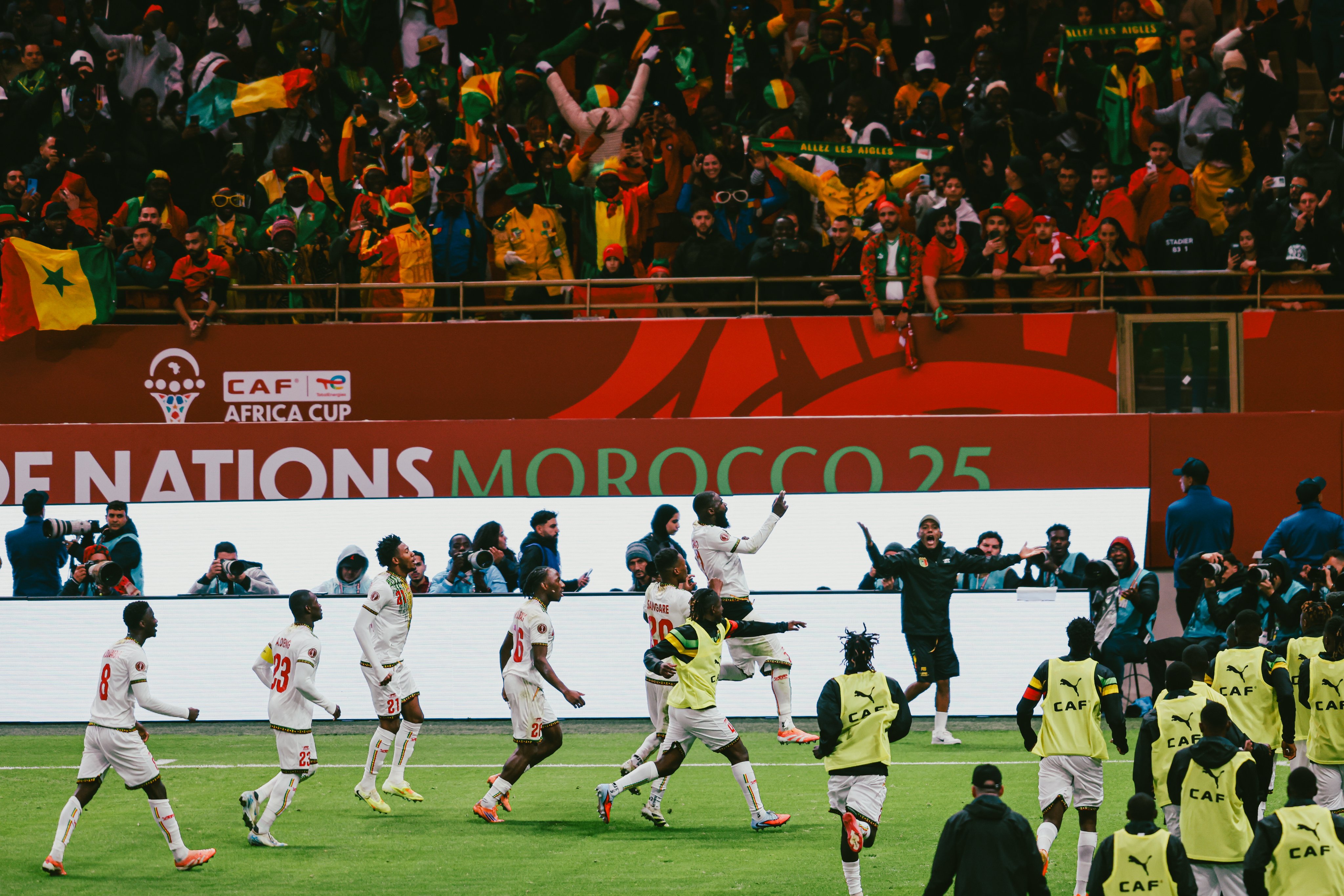 Selebrasi pemain Timnas Mali usai menahan imbang Maroko pada pertandingan kedua Grup A Piala Afrika 2025, Jumat (27/12/2025) waktu setempat.