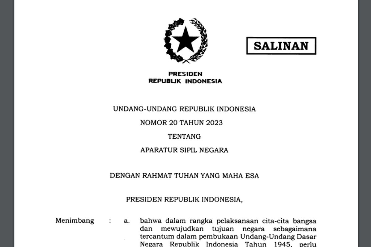 Undang-Undang Nomor 20 Tahun 2023 tentang Aparatur Sipil Negara alias UU ASN 2023.