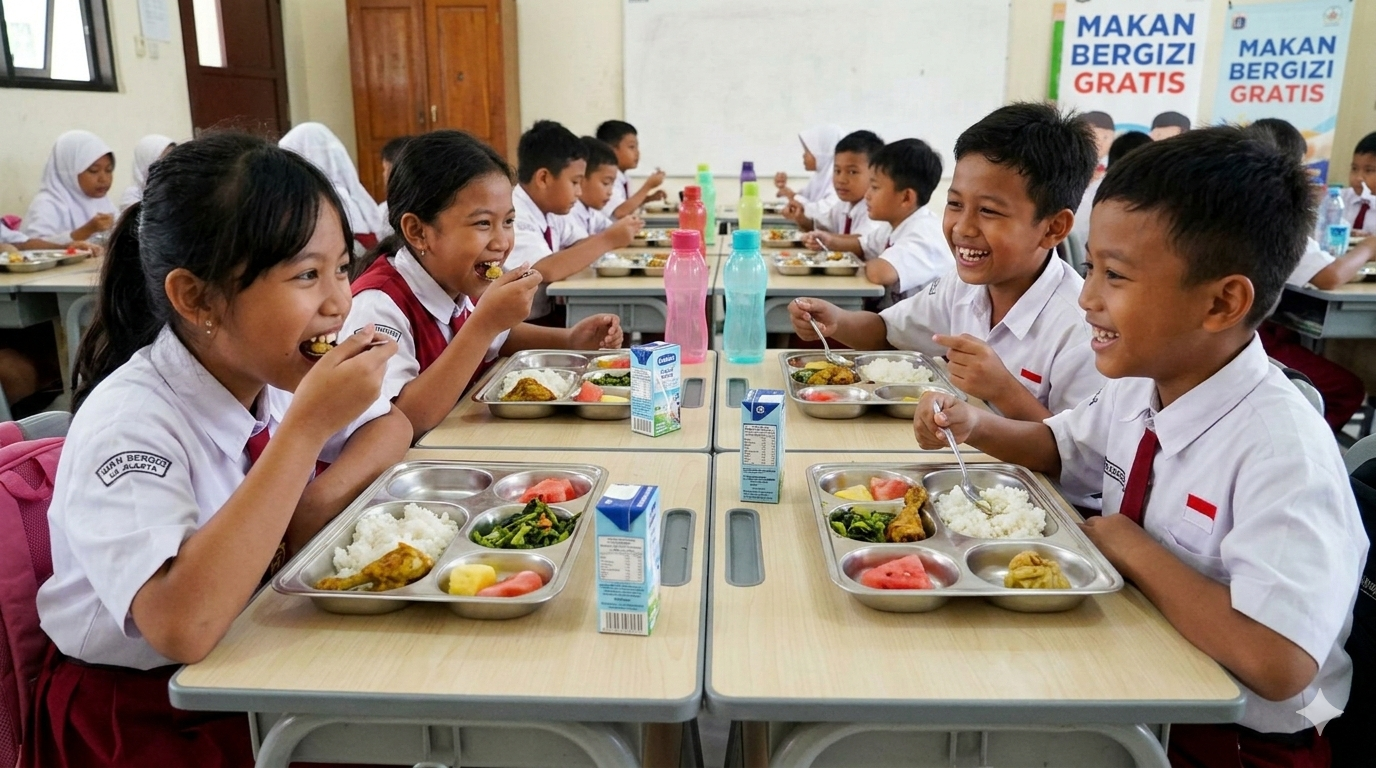 Ilustrasi siswa SD menikmati MBG. (GEMINI AI) 