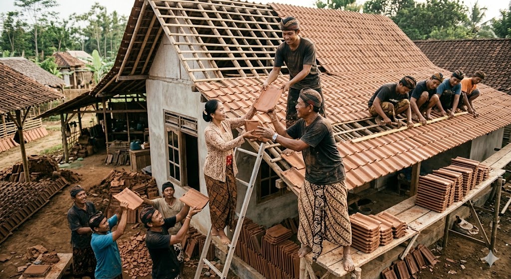 Ilustrasi memasang genteng. (GEMINI AI) 