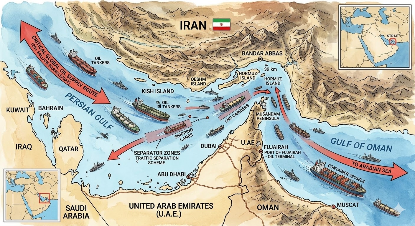 Ilustrasi Selat Hormuz. (GEMINI AI)