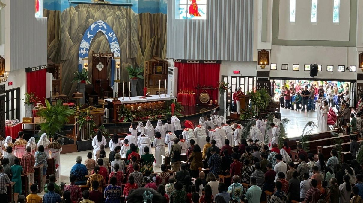 Ribuan umat Katolik yang mengikuti Misa Minggu Palma di Gereja Katedral Tiga Raja Timika, Minggu (39/3/2026). (Foto: CEPOSONLINE.COM/MOH. WAHYU WELERUBUN).  