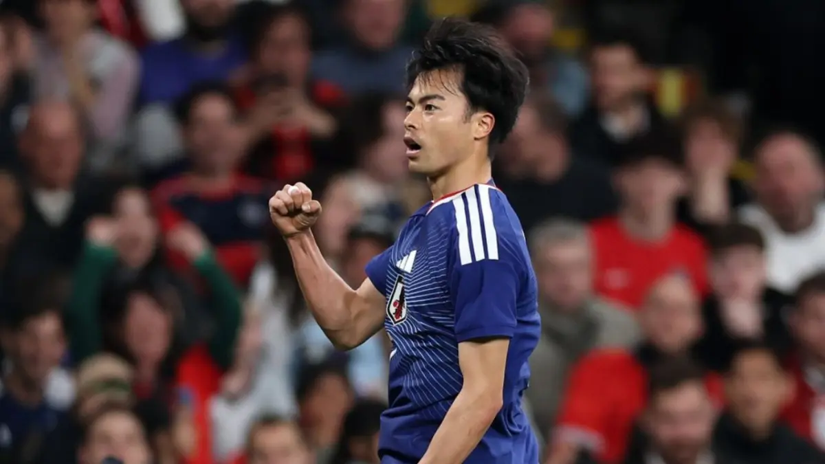 Kaoru Mitoma mencetak gol kemenangan Jepang ke gawang Inggris pada menit ke-23 dalam laga internasional di Wembley Stadium. (Sumber: x)