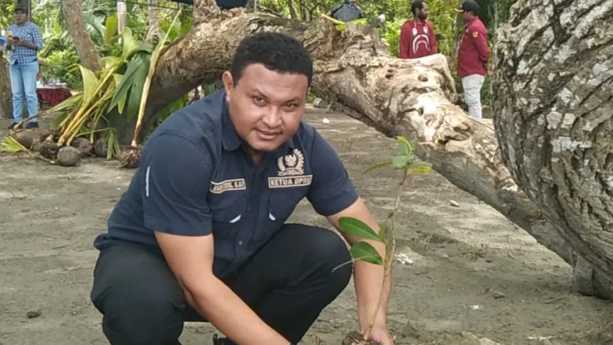 Ketua DPRK Sarmi, Muhammad Azhari Tiris, saat menanam pohon bintangor di kawasan Pantai Kampung Sawar, Distrik Sarmi, Senin (31/3/2026).
(CEPOSONLINE.COM/VICKY AMBANI)