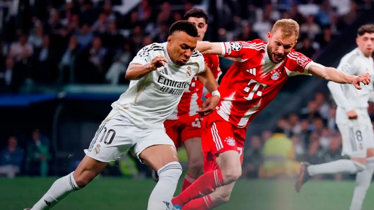 Pemain real Madrid Kylan Mbappe terus ditempel pemain Bayern Munchen di Santiago Bernabeu, Rabu (8/4/2026). (X.COM/REAL MADRID) 