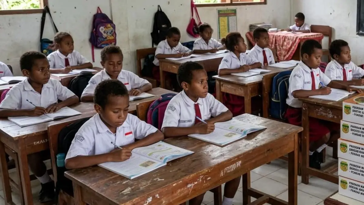 Aktivitas belajar satu sekolah dasar. (Foto: Ilustrasi Gemini AI By Moh. Wahyu Welerubun).