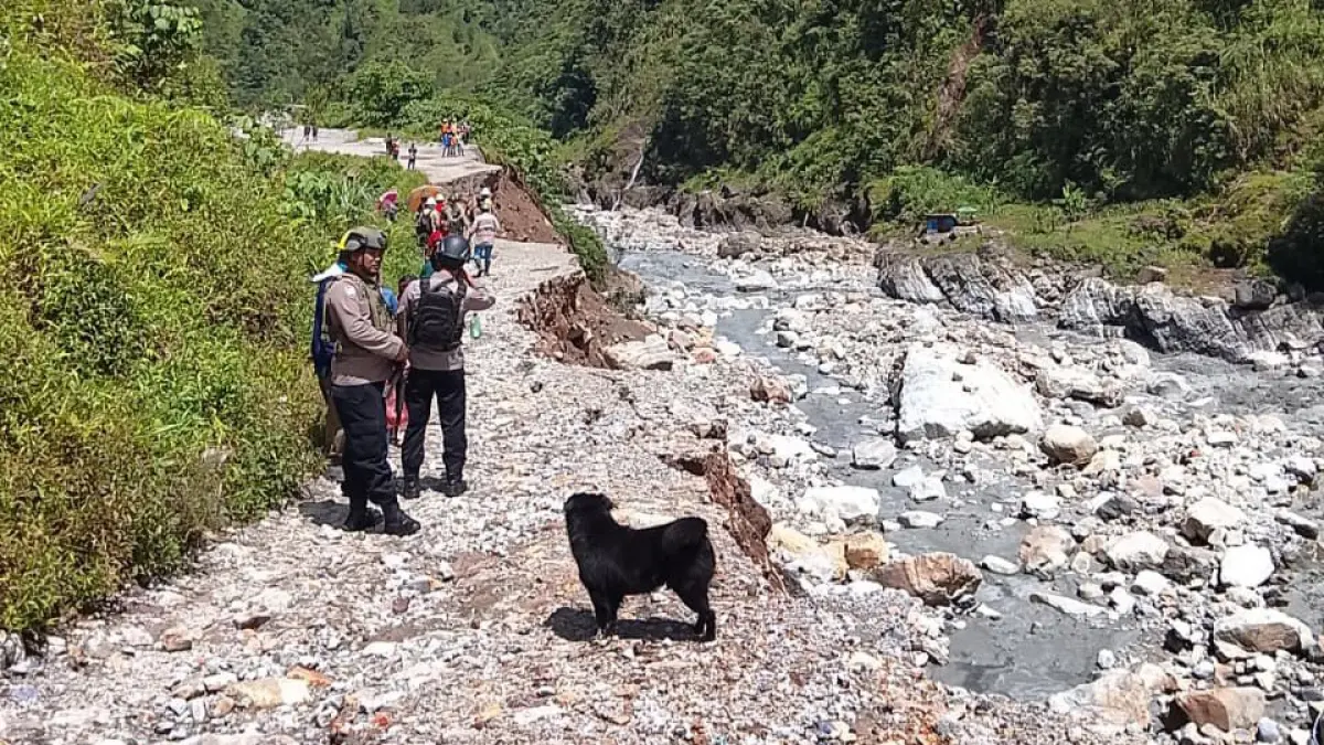 Kondisi jalan yang terputus akibat longsor dan mengakibatkan akses Kampung Banti-Kimbeli lumpuh. (Foto: Istimewa)