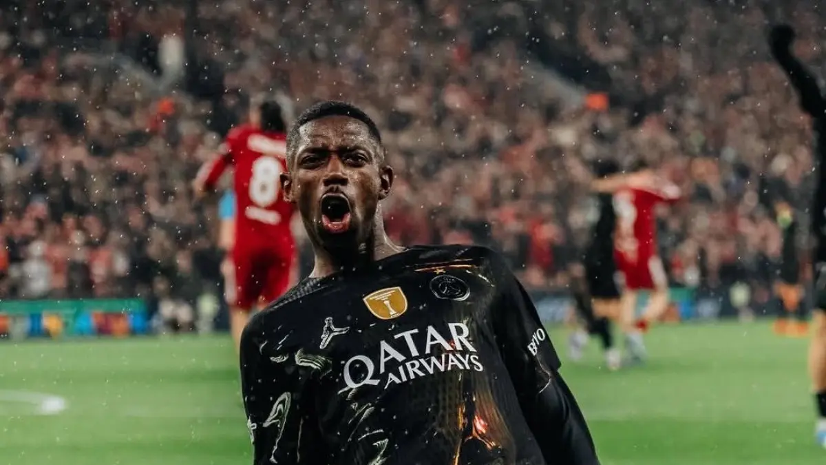 Selebrasi Ousmane Dembele usai mencetak gol kemenangan atas tuan rumah Bayem Munchen di Allianz Arena Kamis (7/5/2026). (X.COM)