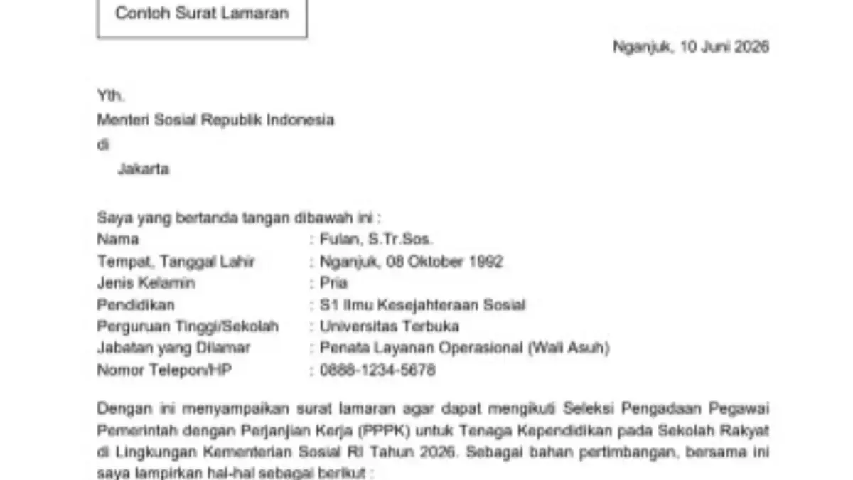 Contoh surat lamaran PPPK Tendik Sekolah Rakyat 2026.
(Ceposonline.com/screen shoot)&nbsp;