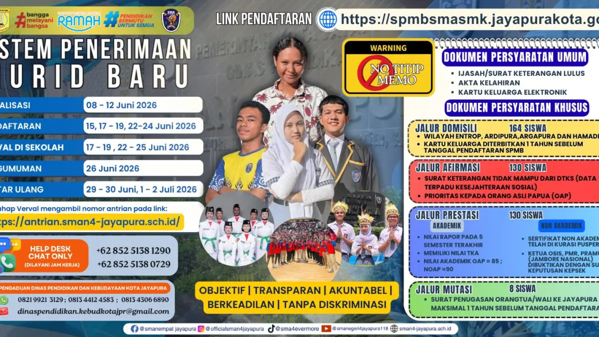 Nampak jadwal dan sistem penerimaan siswa baru di SMAN 4 Jayapura. (CEPOSONLINE.COM/DOK SMAN 4 JAYAPURA).