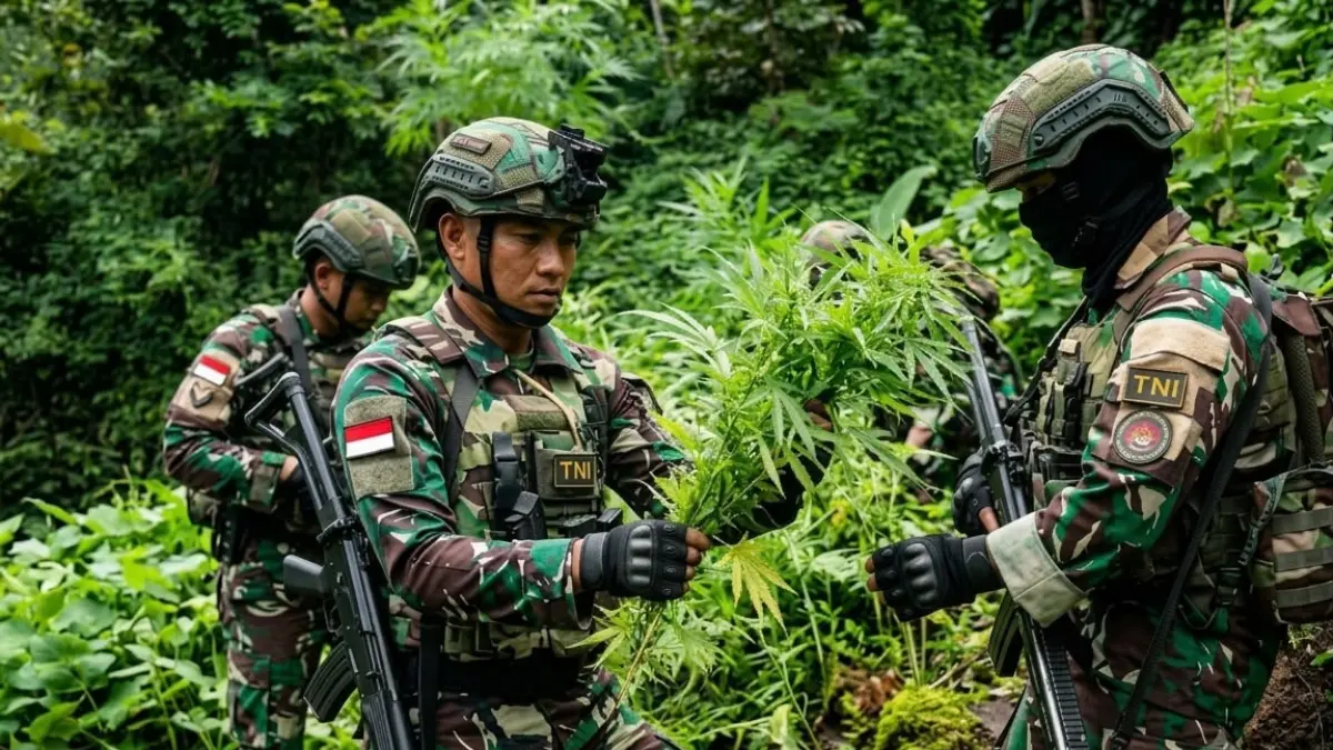 Prajurit Satgas Yonif 753/AVT saat mengamankan ratusan pohon ganja siap panen di kawasan hutan Kampung Tomka, Distrik Oksamol, Kabupaten Pegunungan Bintang. (Ceposonline.com/Dokumen)