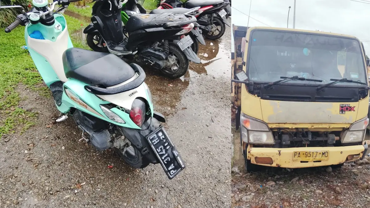 Dua unit kendaraan (truk dan sepeda motor) yang terlibat adu banteng hingga sebabkan satu orang tewas. (Foto: Istimewa).
