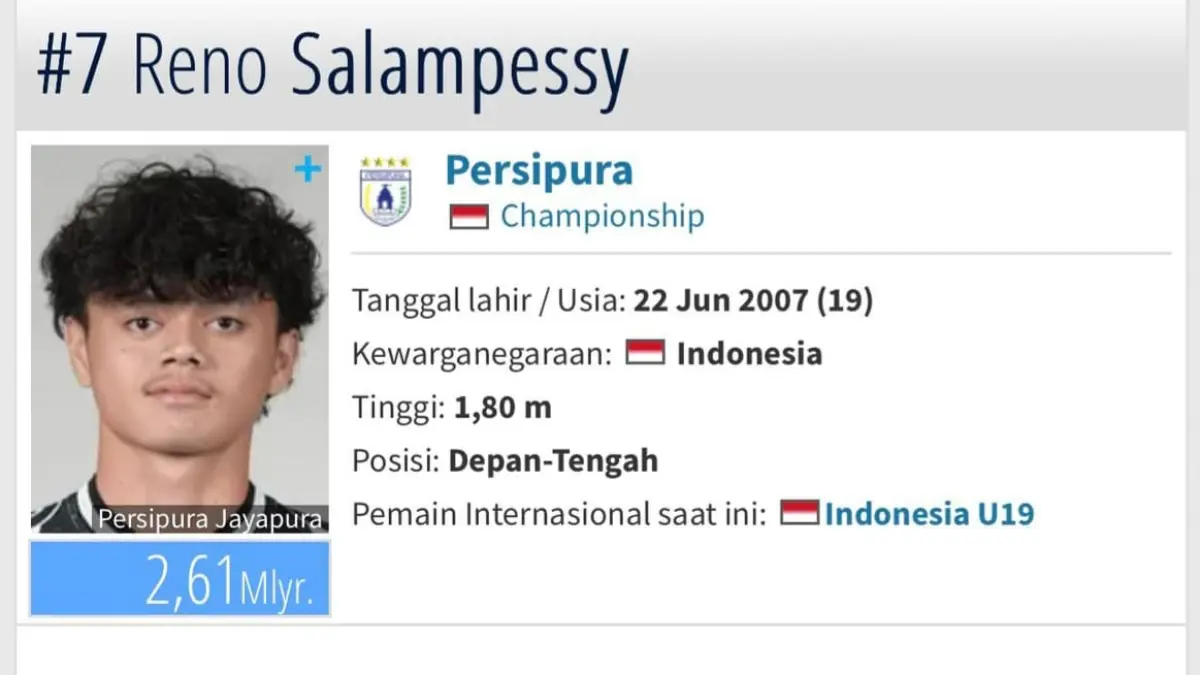 Nilai pasaran transfer Reno Salampessy. (CEPOSONLINE.COM/ TRANSFERMARK).
