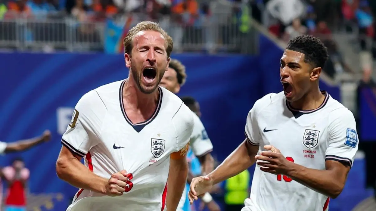 Selebrasi kapten Inggris, Harry Kane, usai menjebol gawang RD Kongo di babak 32 besar Piala Dunia 2026 Kamis 2/7/2026). (X)